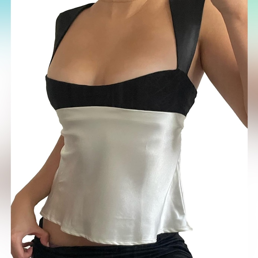 Satin Black and White Tie Top